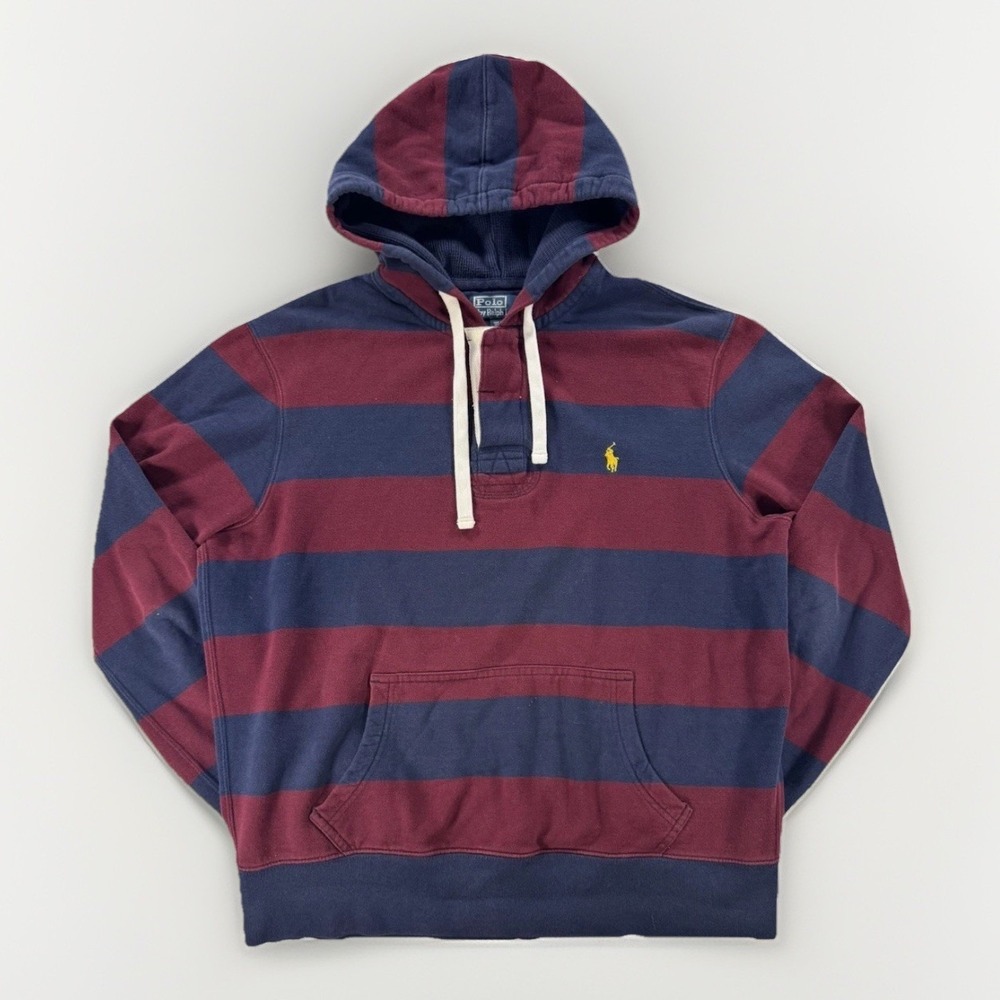 Polo Ralph Lauren Hoodie Mens Large Rugby Stripe Pullover Sweatshirt Blue Red